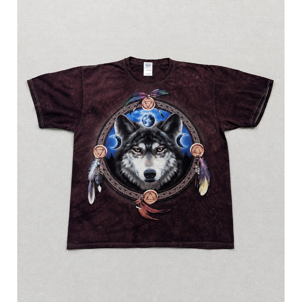 The Mountain Wolf T-Shirt Men's L Brown Tie Dye Dreamcatcher Moon Graphic Tee